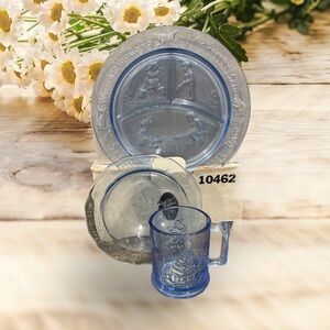 Vintage Tiara Blue Glass Nursery Rhyme Set in Original Box